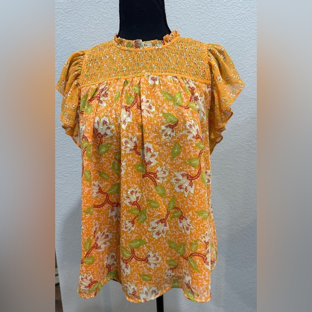 Mason d’ Amelie Golden Yellow Smocked Blouse with Flutter Sleeves